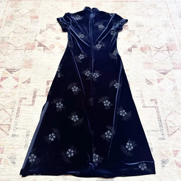 Vintage 90’s Navy velvet floral maxi dress short sleeves high neck size 4 petite - Picture 7 of 10